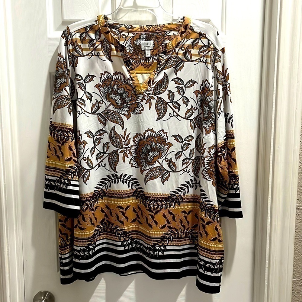Dressbarn 3/4 Sleeve Floral Print V-Neck Blouse Tunic Women's Size 2X